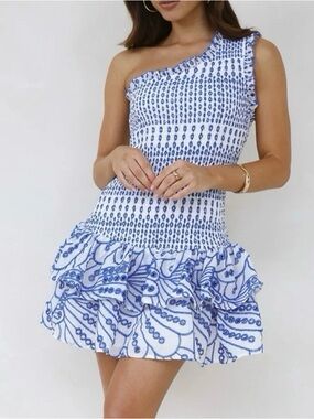Hello Molly One Shoulder Mini Dress Size XS White Blue Embroidered Ruffle